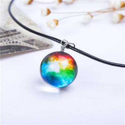 Collares Duplex Planet Crystal Stars Ball Glass Galaxy Pattern Leather Chain Pendants Maxi Necklace