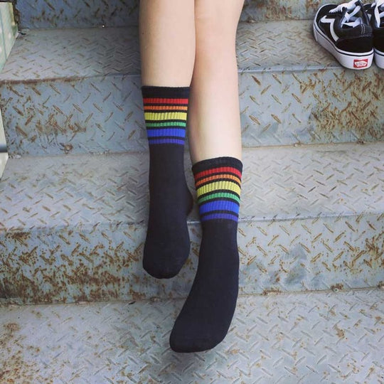 Cool Skateborad Short Rainbow Socks Art Women Fashion White Cotton