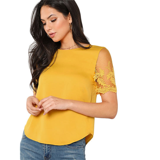 SHEIN Ginger Flower Mesh Sleeve Blouse Women Round Neck Short Sleeve Curved Hem Casual Top Summer Elegant Blouse