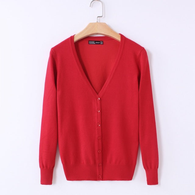 Red Women's V-Neck Button-Up Cardigan