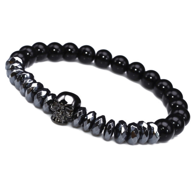Brand Trendy Natural Beads Strand Bracelet Micro Pave CZ Skeleton Skull Black Lava Rock Stone Energy Men European Buddha Jewelry