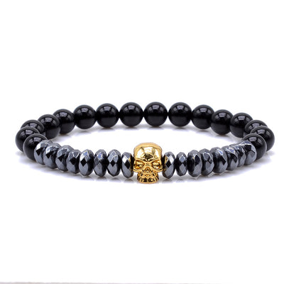 Brand Trendy Natural Beads Strand Bracelet Micro Pave CZ Skeleton Skull Black Lava Rock Stone Energy Men European Buddha Jewelry