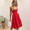 Bow Backless Polka Dots Print Beach Summer Dress Women Cotton Deep V Neck Buttons Red White Off Shoulder Midi Dresses