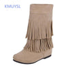 KMUYSL Autumn And Winter Women Tassel Boots Med Heel Shoes Keep Warm Ankle Snow Boots Slip On Height Increasing Shoes