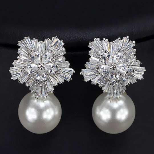 CWWZircons Snow Flower Design Women Big Drop White Pearl Earrings With Cubic Zirconia Christmas Gift