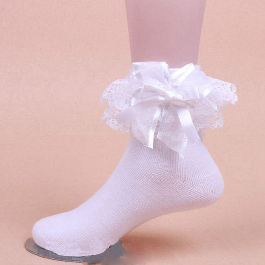 Cute Girls Lace Ruffle Frilly Ankle Socks Sweet Big Bow Princess Cotton Short Socks