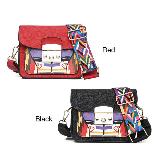 Women's Paneled Hard Leather Colorful Wide Strap Crossbody Bag