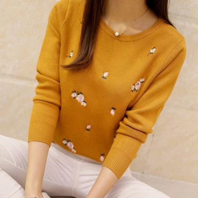 Yellow Women's Embroidery Knitted Pullover Sweater