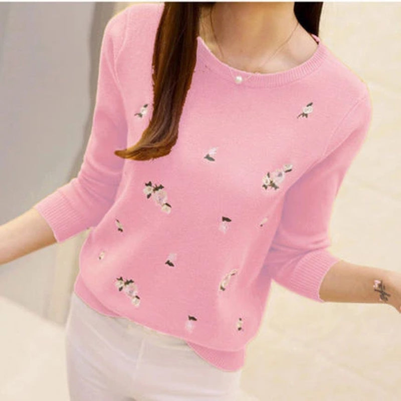 Pink Women's Embroidery Knitted Pullover Sweater