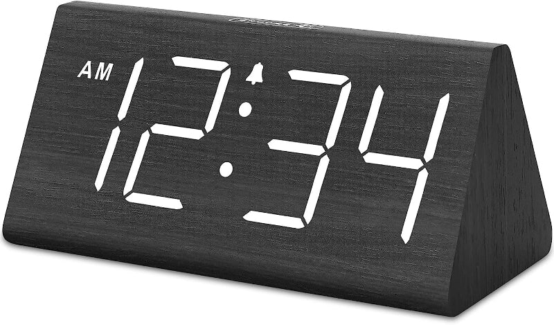 Wooden Digital Alarm Clock with USB Port, Loud Alarm, Dimmer, and Snooze Function