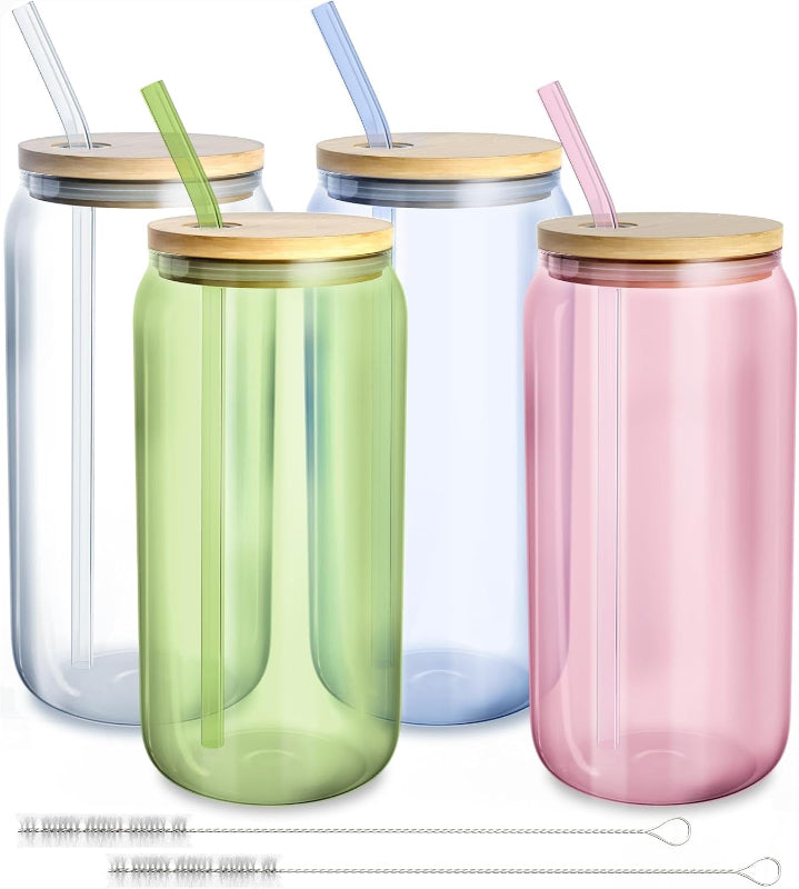 Glass Cups with Lids and Straws, Glass Tumblers for Iced Coffee and Drinks