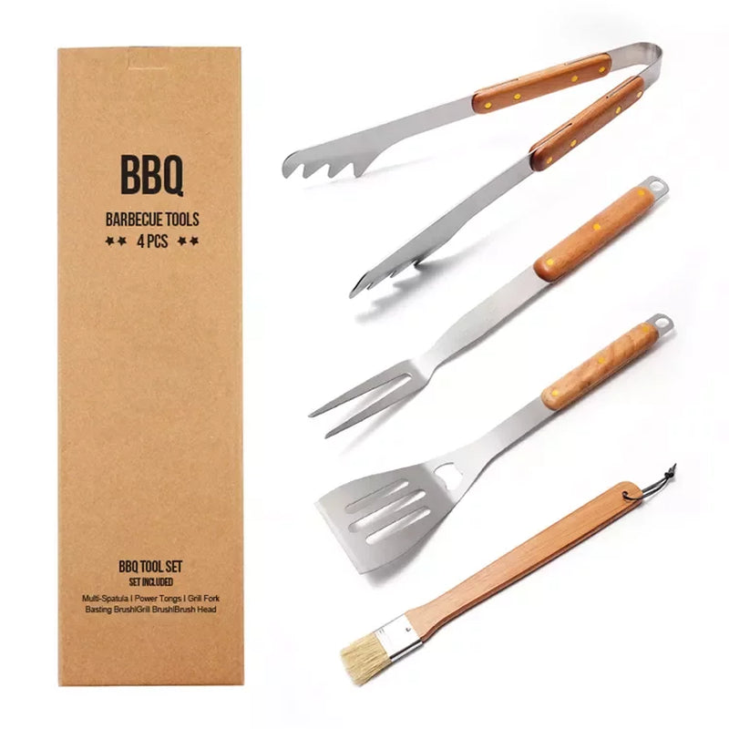 4Pc Stainless Steel Grill Accessories Kit with Spatula, Fork, Brush & BBQ Tongs