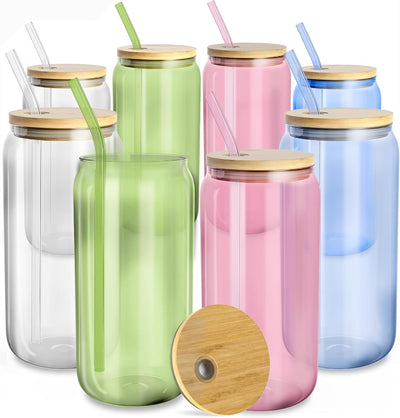 Glass Cups with Lids and Straws, Glass Tumblers for Iced Coffee and Drinks