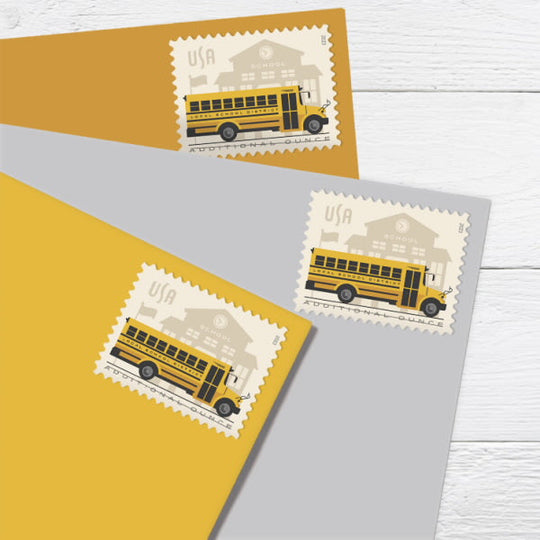 School Bus Additional Ounce USPS Postage Stamps - 1 Sheet of 20
