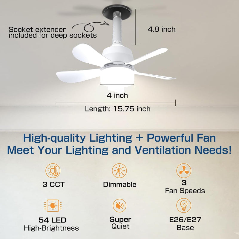 Socket Ceiling Fans with Lights and Remote- Socket Fan light with Dimmable Led Light Bulb, 3 Colors 3000K-6000K, 1000 Lumens, E26 Screw in Small Ceiling Fan for Bedroom Living Room Kitchen Garage