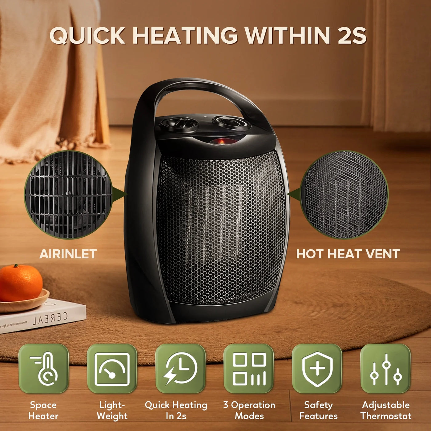  Portable Compact 950W/1500W Space Heater with Thermostat - ETL Certified 