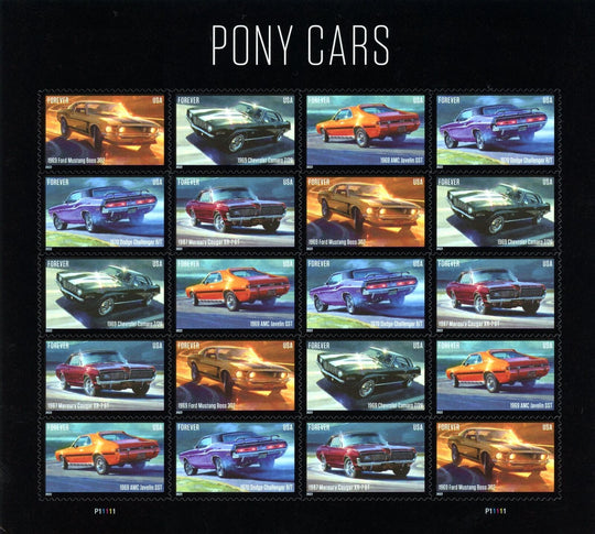USPS Pony Cars Ford Mustang Forever Stamps - Sheet of 20 First Class Forever Stamps