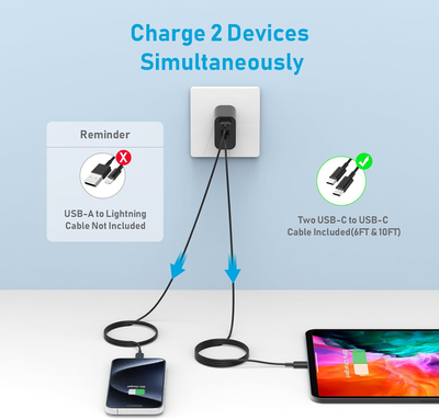 2-Pack USB C Charger - 20W Dual Port USB Fast Wall Chargers and Cables