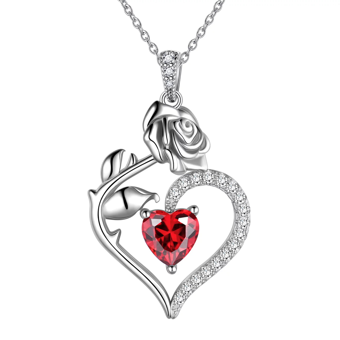 925 Sterling Silver Birthstone Necklace -  Rose Flower Heart Pendant with Chain