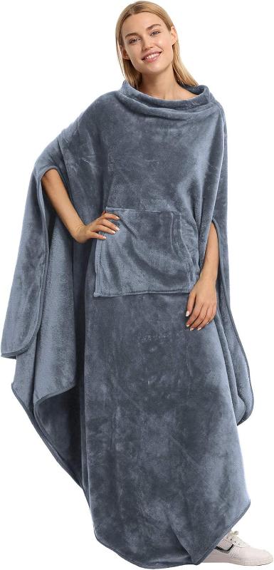  Fleece Wearable Blanket Poncho - Warm Cozy Travel Wrap Cape