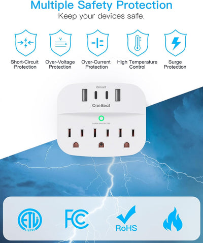 2 Pack Surge Protector Outlet Extender with 3 Wall Outlets 4 USB Wall Charger(2 USB C), 490 Joules