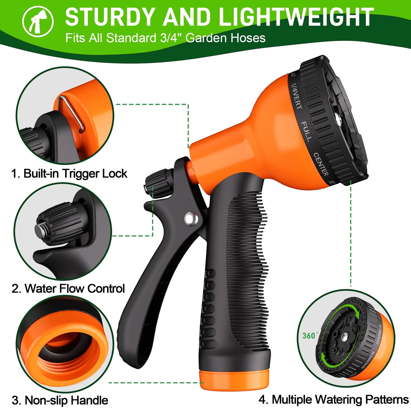 2 Pack Garden Hose Nozzles:  Water Spray Nozzle with 10 Adjustable Watering Patterns, Heavy Duty