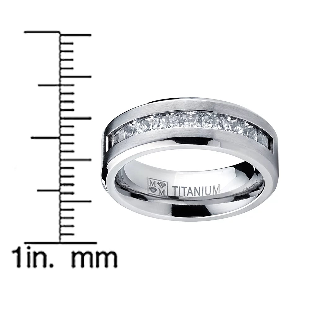 Titanium Men's .9Ct Wedding Band Engagement Ring with 9 Large Princess Cut Cubic Zirconias