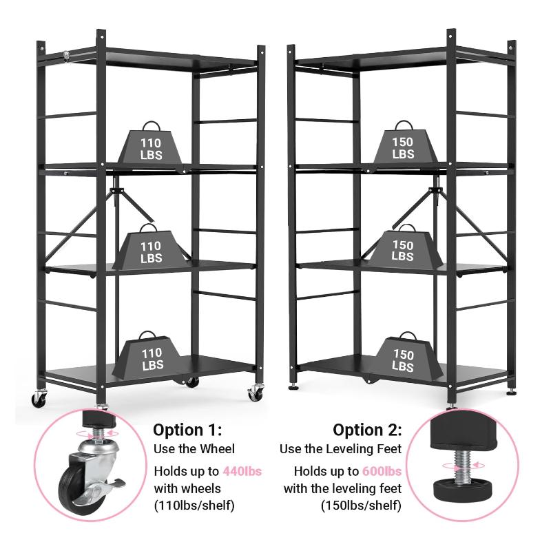 Multi-Tier Storage Shelving Unit - Metal Shelf, Adjustable Height, Foldable Storage Shelf with Wheels