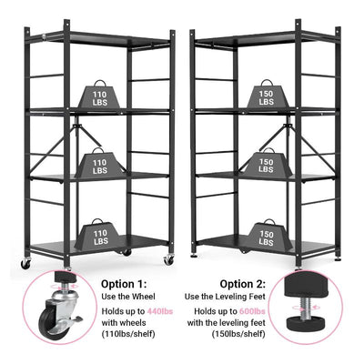 Multi-Tier Storage Shelving Unit - Metal Shelf, Adjustable Height, Foldable Storage Shelf with Wheels