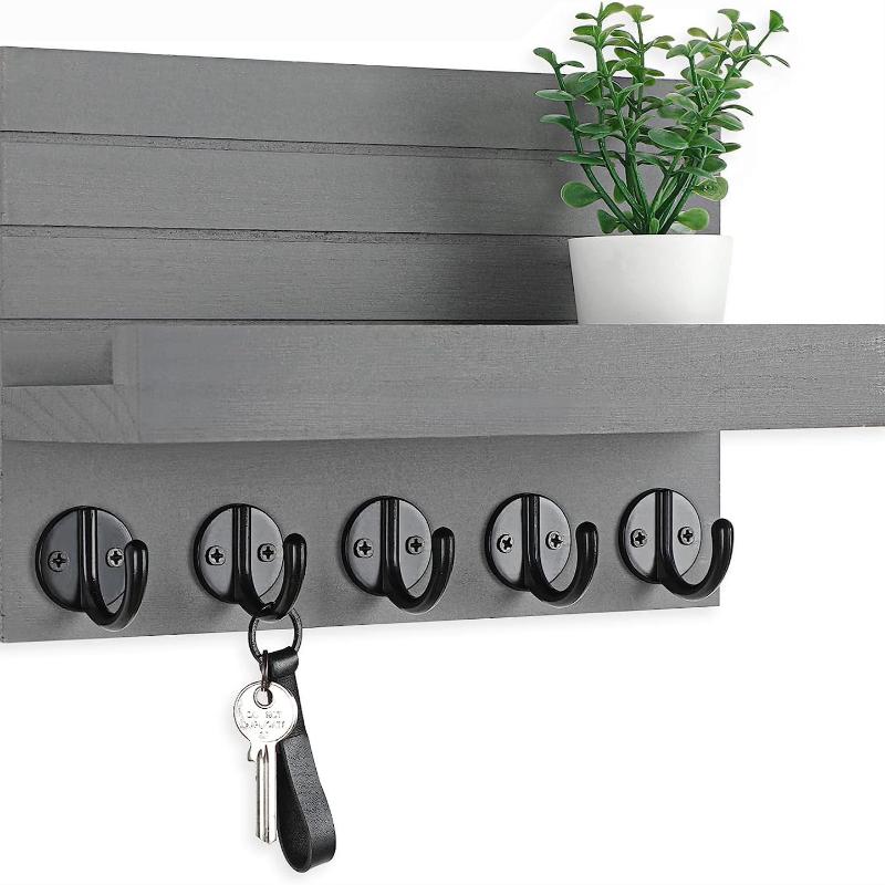  Decorative Key and Mail Holder with Shelf and Large Hooks