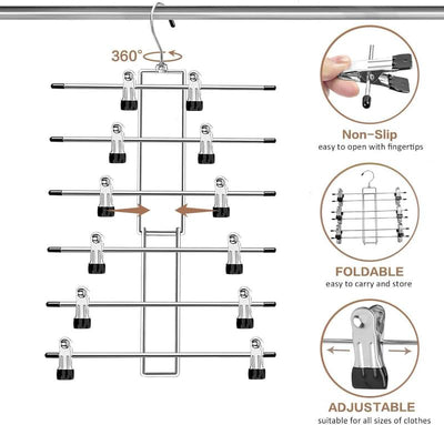 Multipack 6-Tier Skirt Hangers with 360° Swivel Hook - Space Saving with Clips