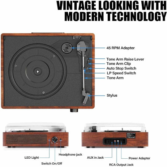 Vinyl Record Player Vintage Turntable for Vinyl Records with Speakers Belt-Driven Turntables Supports 3-Speeds, Bluetooth Wireless Playback