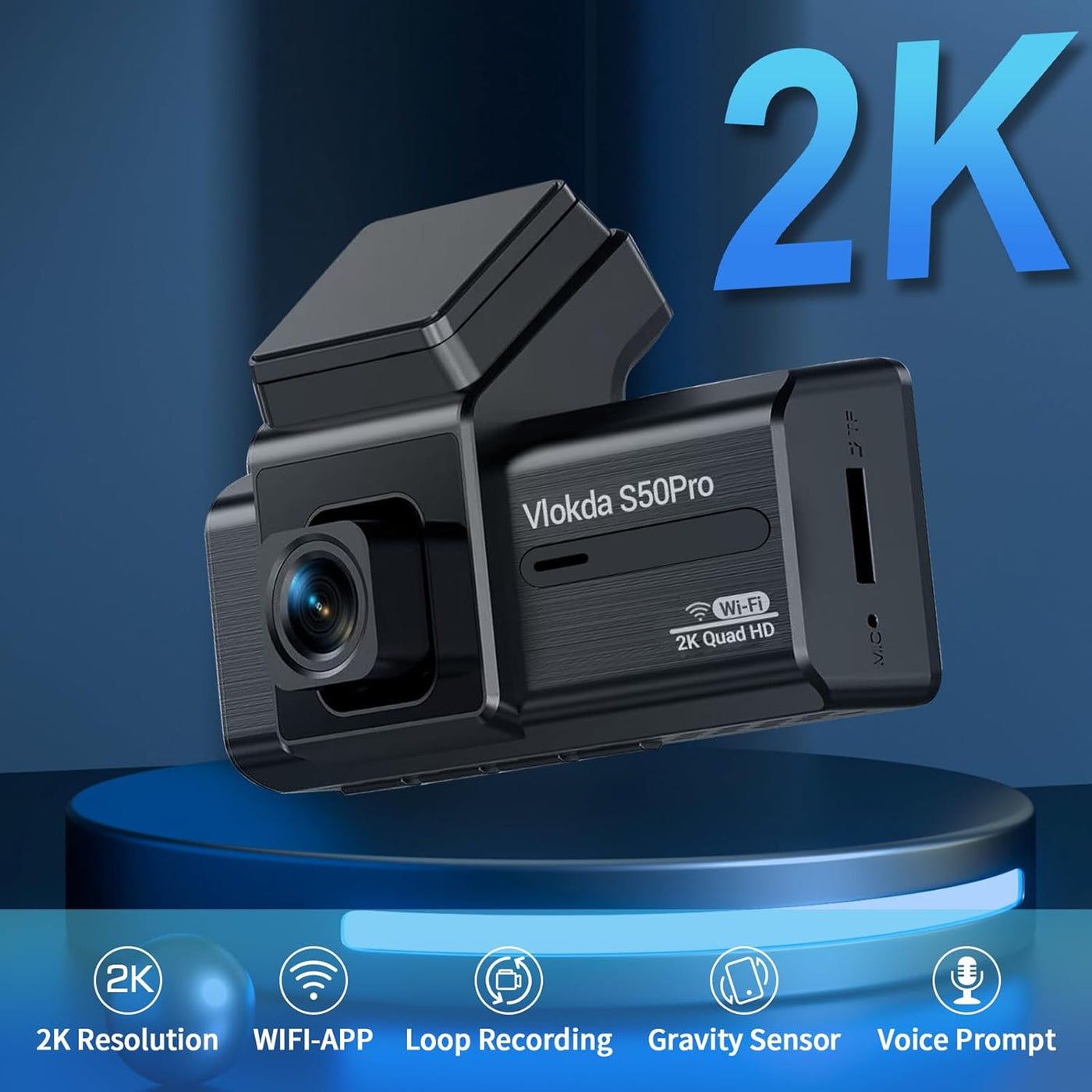 2K Front Dash Cam with Built-in WiFi - QHD 1440P with Super Night Vision, G-Sensor, 24Hr Parking, 170°Wide Angle, Loop Recording