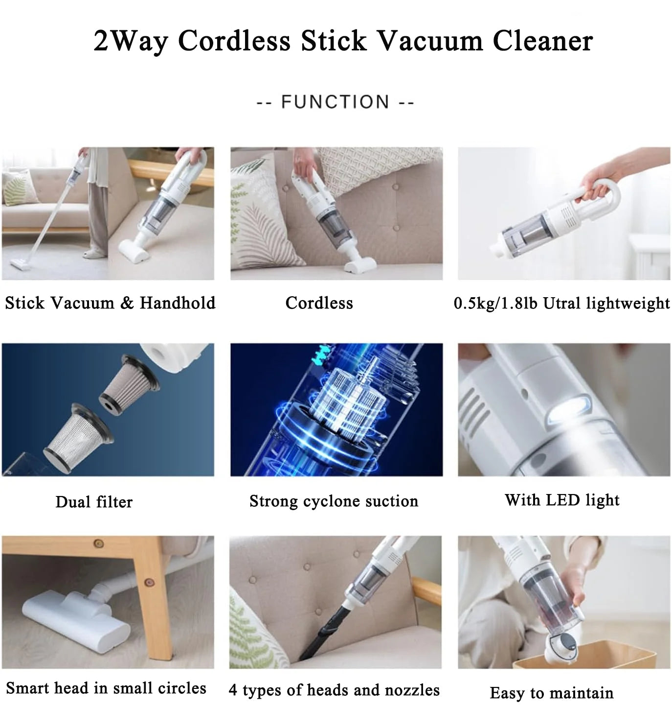 5 in 1 Cordless Stick Vacuum, Cordless Light-Duty Vacuum Cleaner Ultra Lightweight 35 Mins Runtime