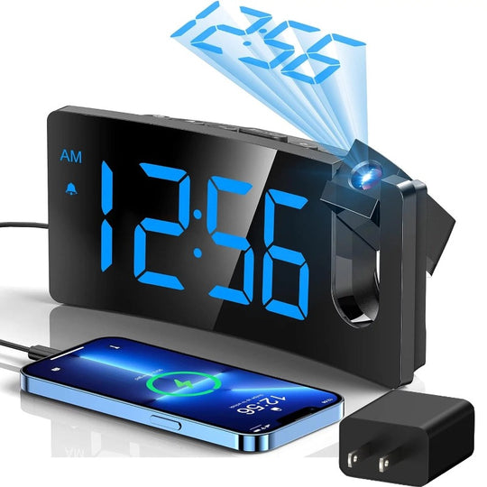 Projection Alarm Clock with 180° Rotatable Projector, 3-Level Brightness, Progressive Volume & USB Charger