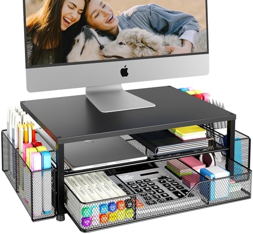 2-Tier Computer Monitor Stand Riser with Drawer, 2 Pen Holders and Desk Organizer