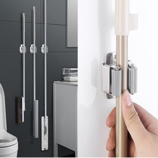 3-Piece Broom Mop Holder – Heavy-Duty Stainless-Steel Wall Mounted Tool Organizer Rack