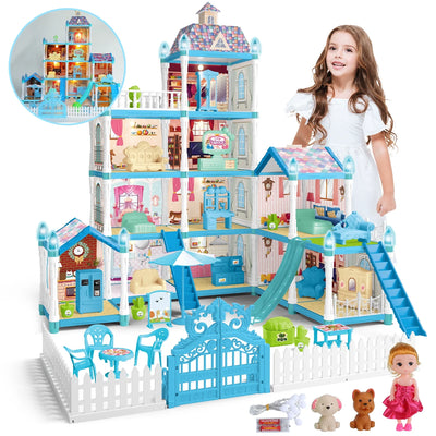 Dollhouse with Colorful Light, Pretend Play MultiRooms & 2 Dolls