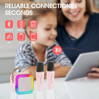 Mini Karaoke Machine for Kids & Adults, Portable Bluetooth Speaker wiht 2 Wireless Microphones with Fun Voice Changing Functions