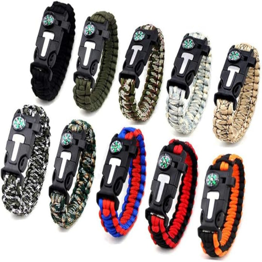 10-Pack Paracord Survival Bracelets – Compass, Fire Starter, Whistle, Emergency Knife Kit