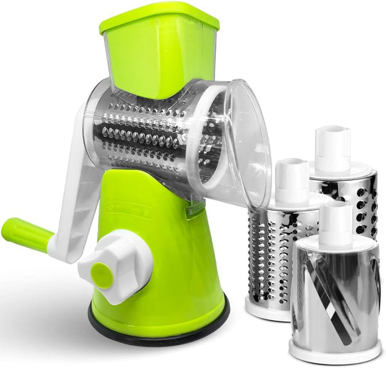 3-in-1 Rotary Cheese Grater and Vegetable Slicer with Hand Crank and Suction Base - Green