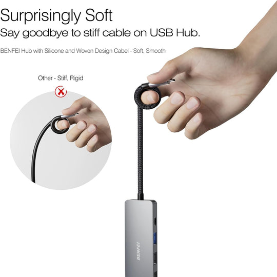 5-in-1 USB C Hub – 4K HDMI, 100W PD, 3 USB-A Ports – Aluminum Silicone Cable Adapter for MacBook, iPad, iPhone, Laptop