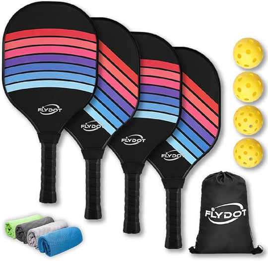 Pickleball Game Set of 4 - Balls, Carrying Bag, 4 Cooling Towels, 4 Pack Paddles