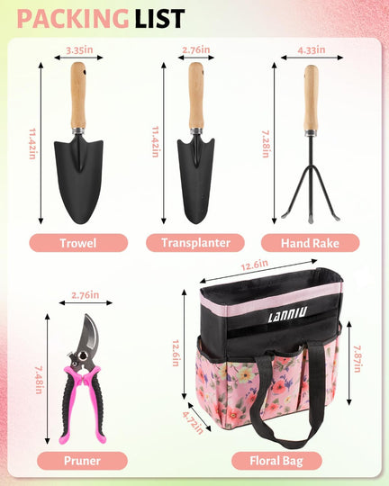 5-Piece Women’s Pink Gardening Tool Set – Floral Garden Bag & Hand Tools, Gift for Wife