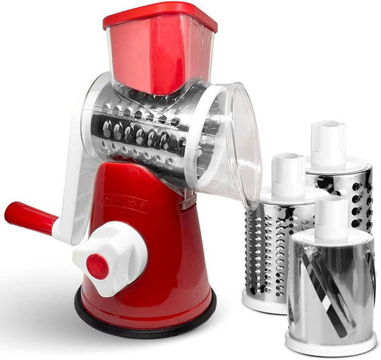 3-in-1 Rotary Cheese Grater and Vegetable Slicer with Hand Crank and Suction Base - Red