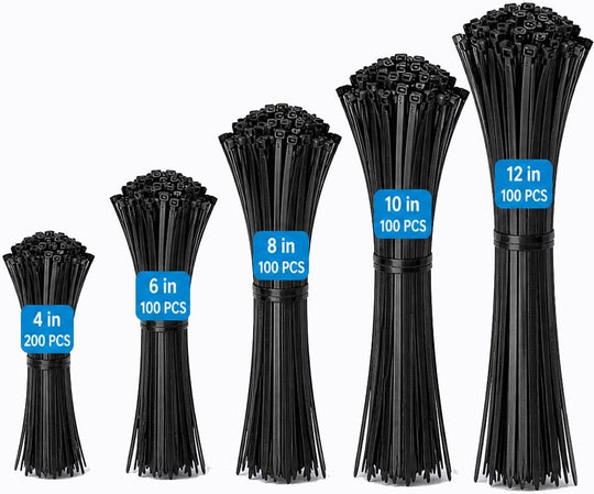 600-Pack Cable Zip Ties in Assorted Sizes for Cable Management and Organization - 4",6", 8",10", 12",600pcs