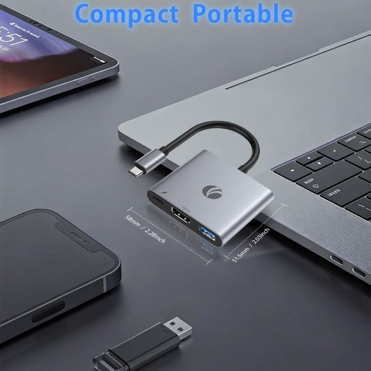 USB-C to HDMI Adapter - 3-in-1 4K@60Hz HDMI Adapter with 100W PD Charging & 5Gbps USB 3.0 Port, USB Hub Multiport