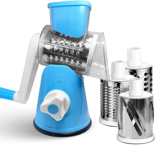 3-in-1 Rotary Cheese Grater and Vegetable Slicer with Hand Crank and Suction Base - Blue