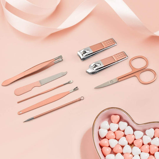8-in-1 Manicure & Pedicure Set – Professional Stainless Steel Nail Grooming Tools – Includes Nail Scissors & Accessories – Pink Leather Travel Case