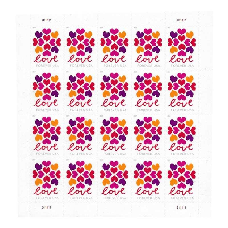 USPS HEARTS BLOSSOM LOVE 2019 Forever Stamps - Sheet of 20 Postage Stamps